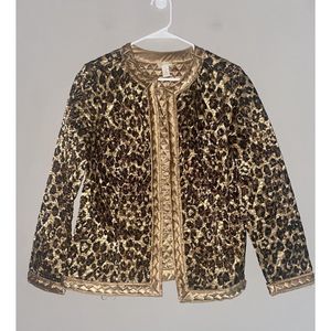 Chicos Jacket Blazer Gold Satin Leopard Braid Quilted Lined Open Cardigan Size 1